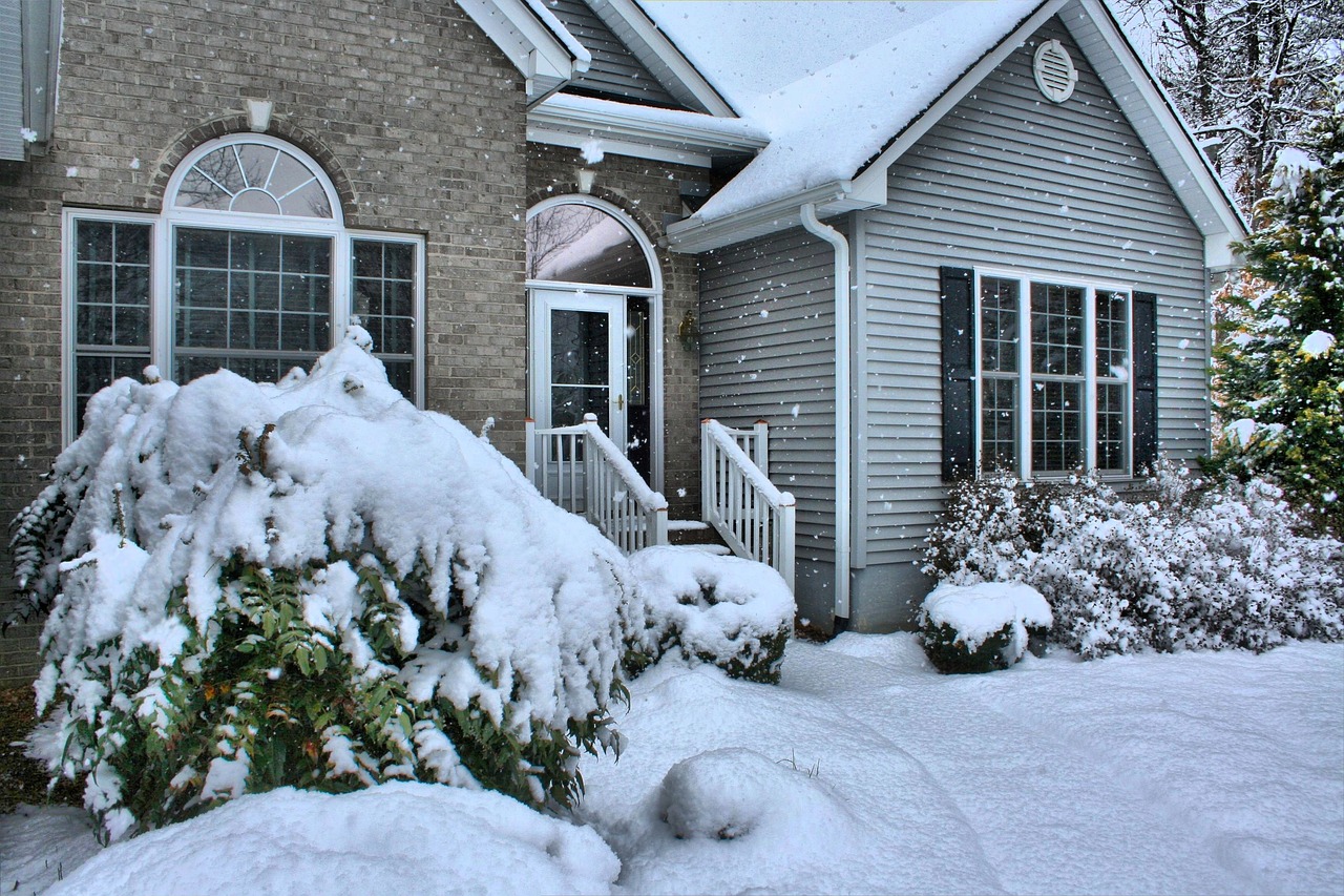 house, snowfall, winter, front door, exterior, home, residence, december, january, cold, frosty, snow, snowing, outdoors, outdoor, snowy, weather, blue home, blue house, nature, blue door